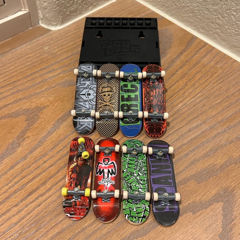 Lot of 8 Vintage Tech Deck Skateboards & Holder Display